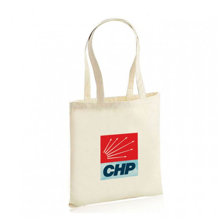 CHP Logolu Doğal Ham Bez Alışveriş Çantası 25x34 cm Uzun Saplı Organik Promosyon Model